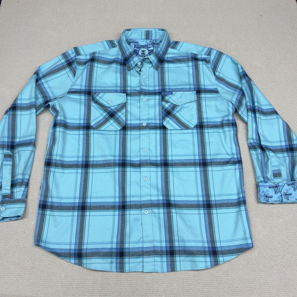 Retro Rifle Flannel Shirt Mens 2XL Blue Plaid Bear Arms Western Biker Casual